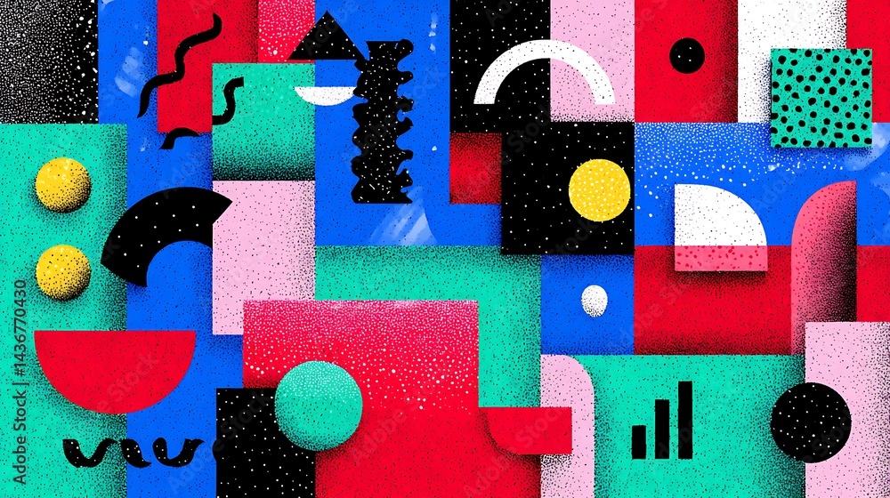 Poster a colorful abstract background with a lot of different shapes and colors, risograph effect, trendy r