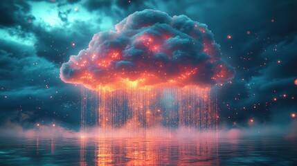 Obraz premium Fiery digital cloud storm over tranquil water