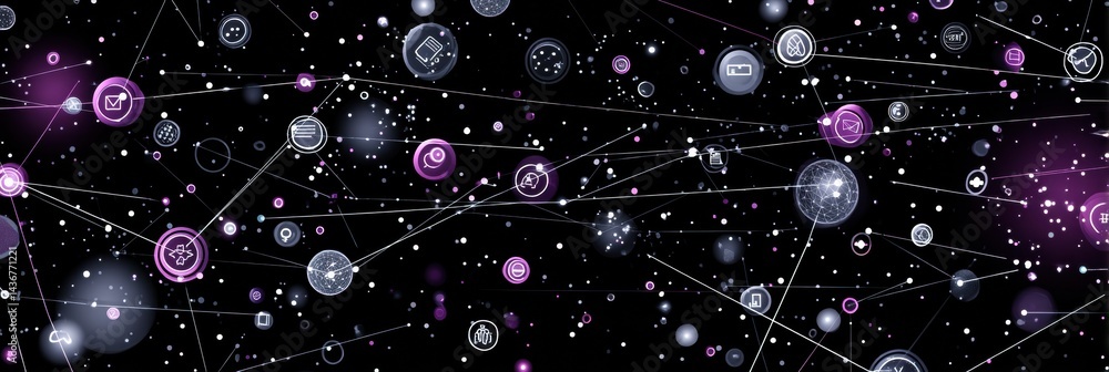 Poster Floating AI Assistant Icons Create a Glowing Constellation in the Vastness of Space, Showcasing Advanced Technology Amidst Stars and Digital Elements