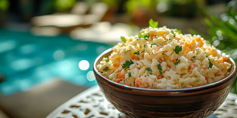 Refreshing coleslaw in a bowl beside a sparkling pool on a sunny day