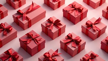 Elegant red ribbon tied gift boxes, repeating pattern, present, seamless, luxury