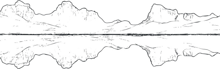 Black and white sketch of a mountain range reflected on a calm lake surface in a tranquil natural landscape