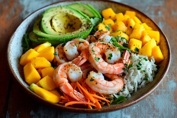 Colorful bowl features cooked shrimp, diced mango, creamy avocado slices, and rice topped with carrots, creating a vibrant and nutritious meal