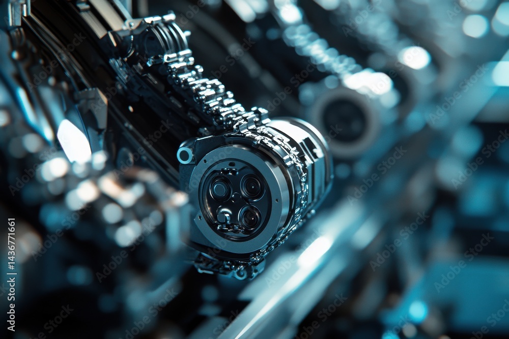 Poster close-up of intricate mechanical components showcasing engineering precision in a sleek, futuristic 