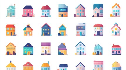 Collection of various cartoon houses for real estate, building, or city concept