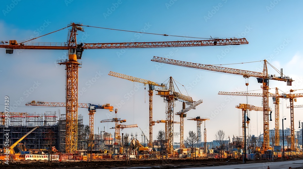 Poster a construction site bustling with activity, cranes towering overhead, symbolizing progress and devel