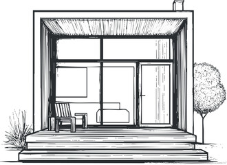 Detailed black and white line drawing of a modern minimalist house exterior with porch and tree