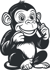 Cartoon illustration of a cute monkey sitting and talking on a mobile phone with a happy expression