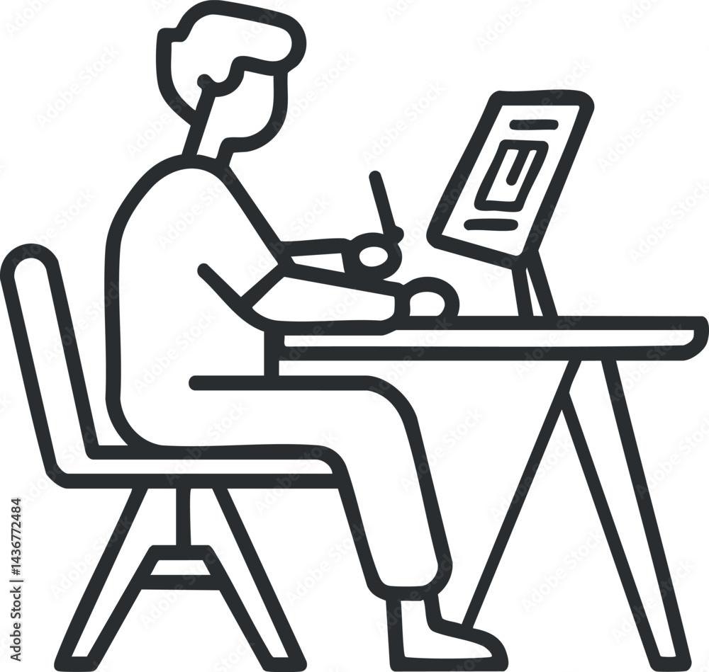 Poster illustration of a person sitting at a desk working on a computer with a writing tool in hand