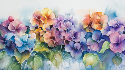 watercolor botanical Hydrangea flowers texture template background.Elegant wedding invitation card background . Minimal hand painted Design for wedding or Valentine's Day