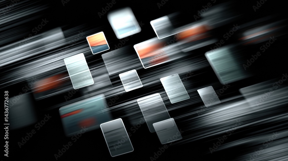 Aufkleber floating ui cards transition over a smartphone creating a dynamic motion blur effect