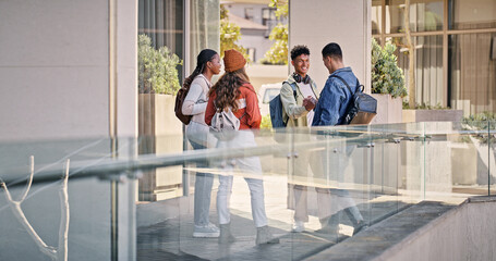 Students, happy and handshake at university for welcome, friendship and support in education. People, excited and meeting on campus for reunion, new semester and scholarship opportunity for learning