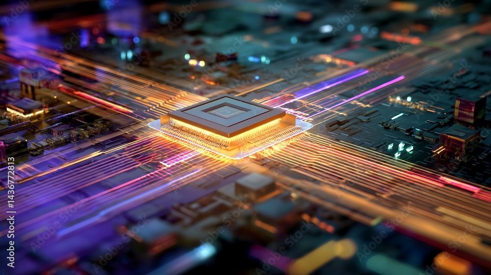 Poster A detailed depiction of a microchip at the center, surrounded by vibrant, glowing data streams that highlight advancements in technology and computing