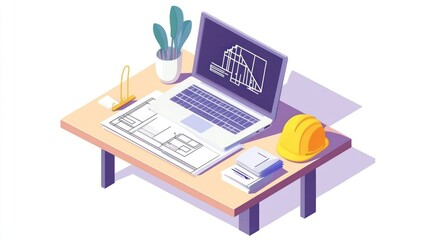 Architect's desk blueprints, laptop, helmet (1)
