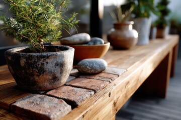This image features a stylish wooden table adorned with decorative plants, stones, and pottery, creating a serene atmosphere in an indoor setting filled with nature's beauty.
