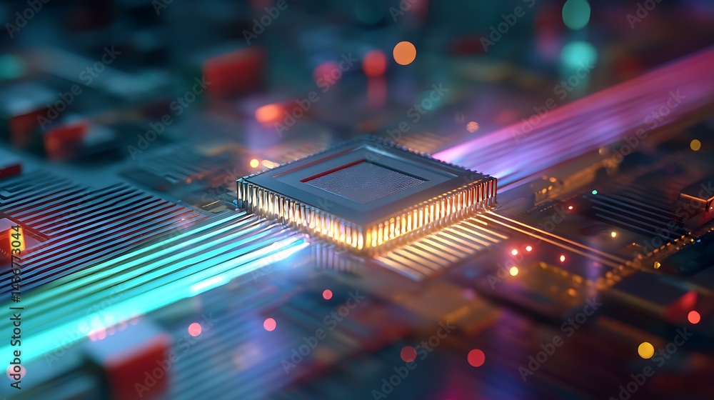 Poster A detailed depiction of a microchip at the center, surrounded by vibrant, glowing data streams that highlight advancements in technology and computing
