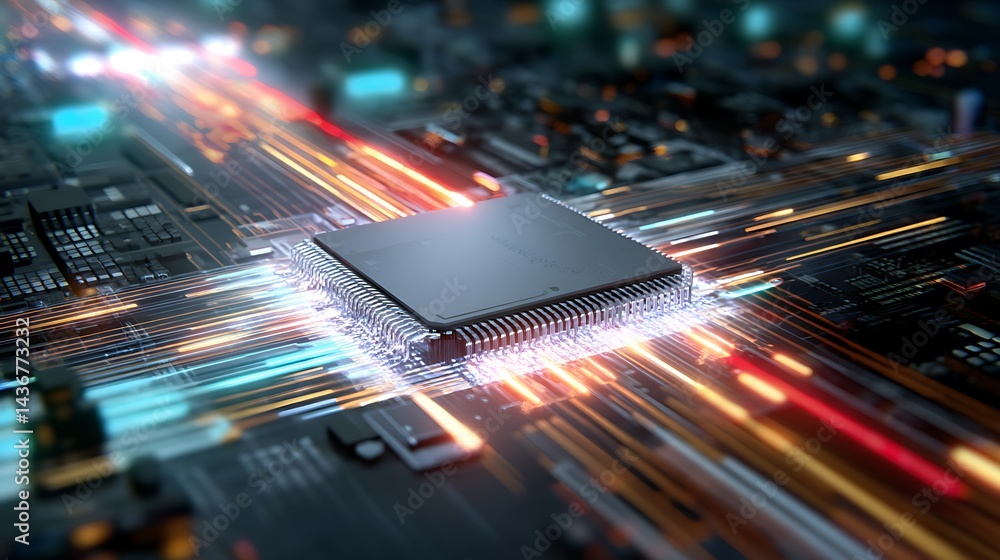 Poster A detailed depiction of a microchip at the center, surrounded by vibrant, glowing data streams that highlight advancements in technology and computing
