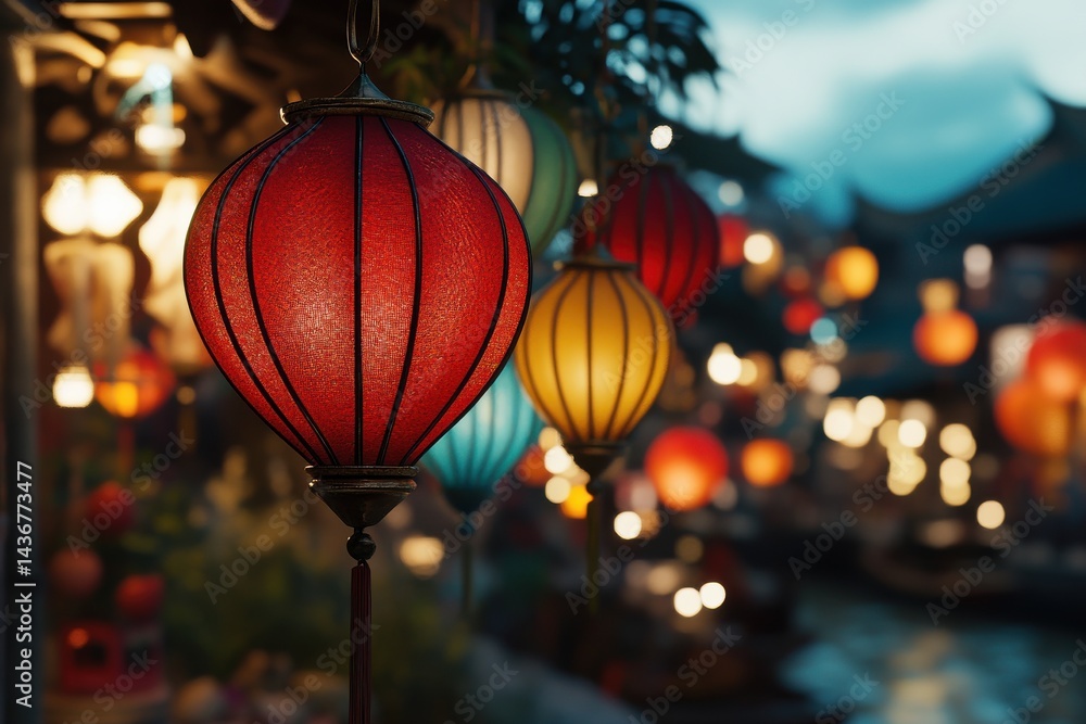 Poster colorful lanterns illuminate a serene evening setting, creating a warm and inviting atmosphere.