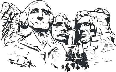 Black and white illustration of Mount Rushmore National Memorial with carved presidential faces on granite rock.