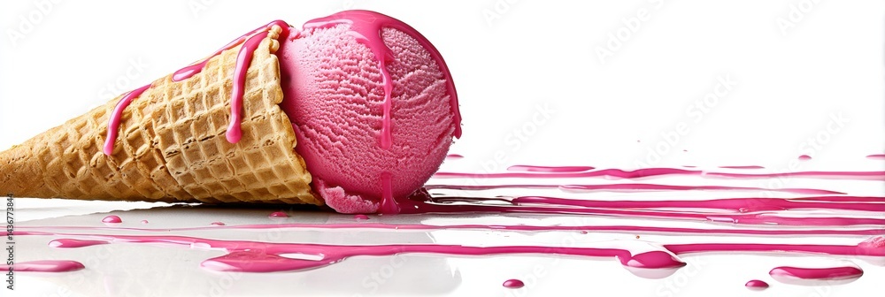 Aufkleber Delicious Pink Ice Cream Cone With Melting Texture Resting on a White Surface