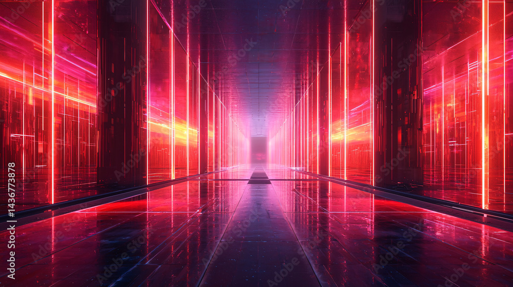 Poster optimization of database storage. futuristic corridor with glowing red and purple lights.