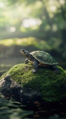 Obraz premium A vibrant turtle perches on a mossy rock in a serene, sunlit environment, showcasing nature's beauty.