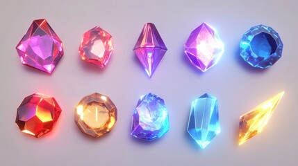 Fototapeta premium Ten glowing crystals on plain surface for game design or treasure hoarding concept