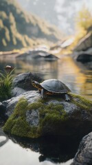 Fototapeta premium A serene turtle basking on a moss-covered rock by a tranquil river in a lush natural setting.