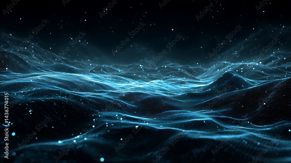 Poster A digital landscape featuring glowing blue particles and lines, creating an ethereal, futuristic atmosphere reminiscent of a sci, fi environment