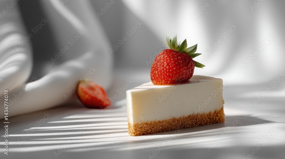 Poster Minimal Cheesecake Slice With Strawberry on White Background Enhancing Its Soft Shadows for an Elegant Dessert Presentation