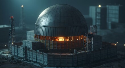 Obraz premium Eerie Nighttime View of Nuclear Power Plant Glowing Reactor Core Industrial Landscape Energy Production Futuristic Scenery