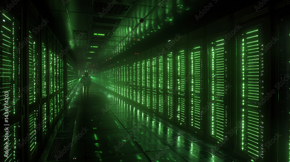 Aufkleber optimization of database storage. futuristic server room illuminated in green light