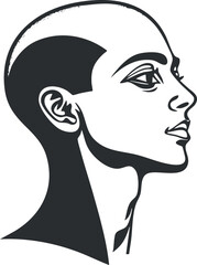 Black and white line art illustration of a woman's profile showing head and neck in a minimalist style.