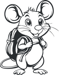 Black and white cartoon illustration of a happy mouse character wearing a backpack, smiling.