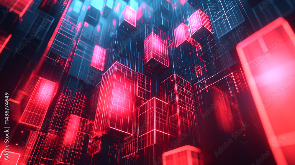 Poster optimization of database storage. futuristic urban landscape with neon-lit structures.