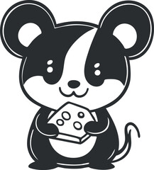 Black and white cartoon mouse character holding a piece of cheese smiling happily