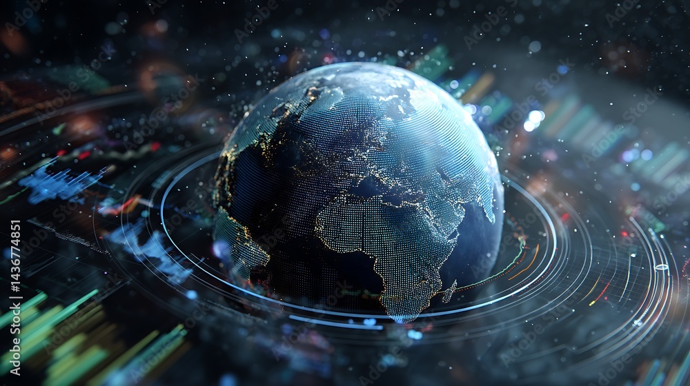 Fototapete a digital representation of the earth surrounded by data visuals and graphs in a futuristic financia