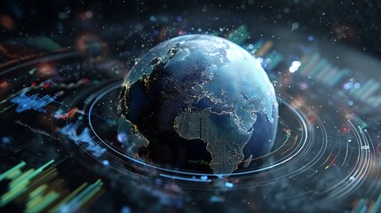 Obraz premium A digital representation of the earth surrounded by data visuals and graphs in a futuristic financial setting at night
