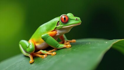 Obraz premium Green tree frog perched on white, vibrant skin, frog isolated, image