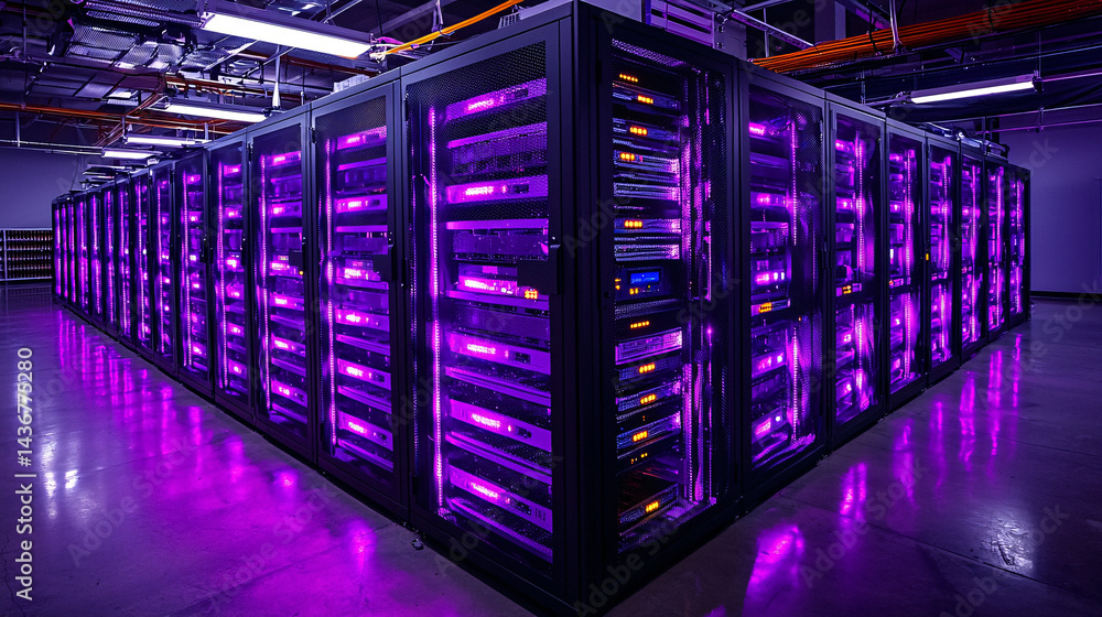 Poster optimization of database storage. high-tech server room with purple lighting and servers.
