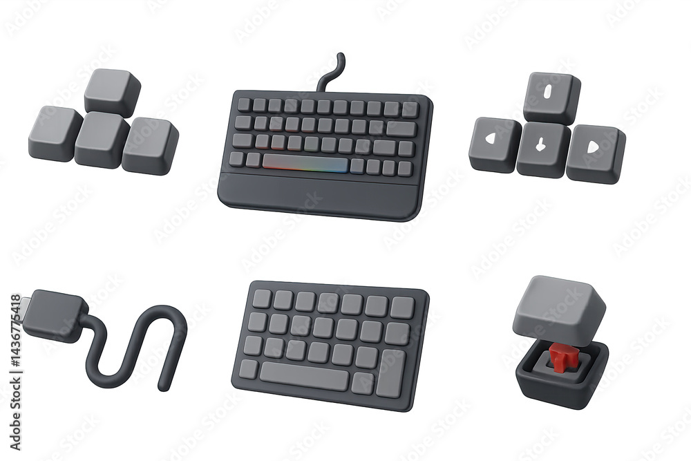 Poster computer keyboard 3d icons set – flat style technology, digital communication, typing symbols: mecha