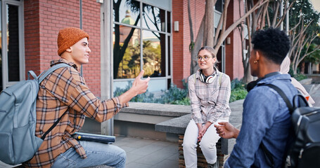 College, students and relax outdoor on campus with university talk, conversation and happy for education. Friends, circle and people with backpack, break and study group for scholarship and knowledge