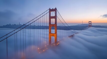 Obraz premium Majestic Golden Gate Bridge at Dawn Surrounded by Fog in San Francisco