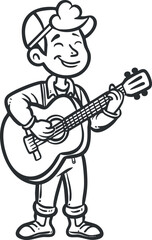Black and white cartoon illustration of a smiling boy playing an acoustic guitar, standing and enjoying music.