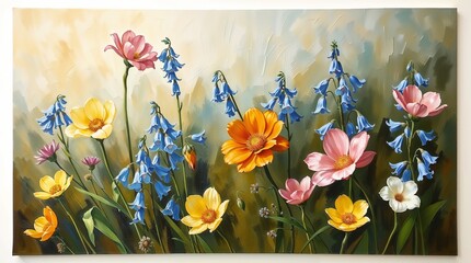 Obraz premium Vibrant canvas painting of blooming wildflowers in a colorful spring meadow