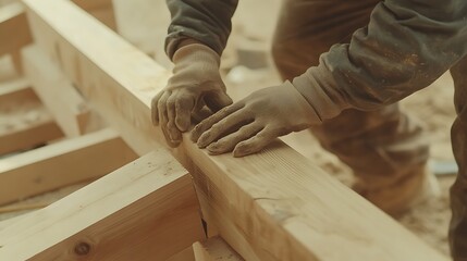 Construction Worker Assembling Wooden Beams