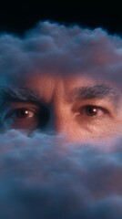 Naklejka premium A conceptual image depicting an elderly man with a beard made of clouds. The image conveys the notion of generativity and the connection between aging and death.