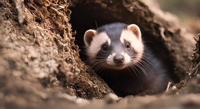 Curious polecat playfully emerging from its burrow and peeking out with bright eyes 4K