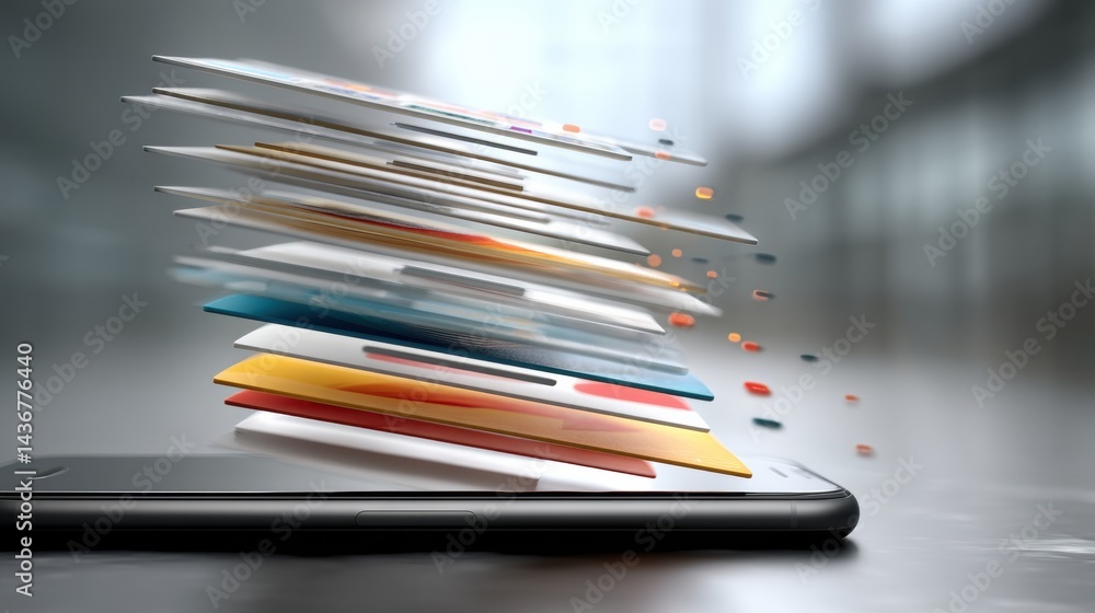 Aufkleber Floating UI Cards Transition Over Smartphone Screen With Motion Blur, Illustrating Modern Digital Interaction in a Dynamic Environment
