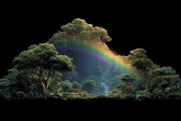 Fantasy forest, tiny village, under giant trees, with rainbow lights, space for text.